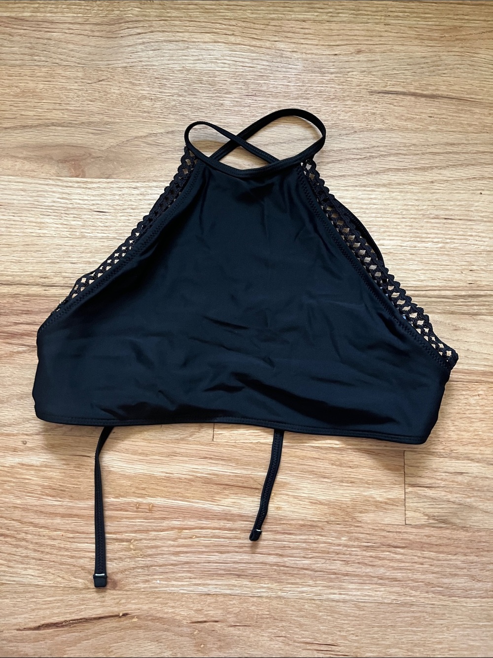 aerie Black High-Neck Cropped Top with Lace Trim